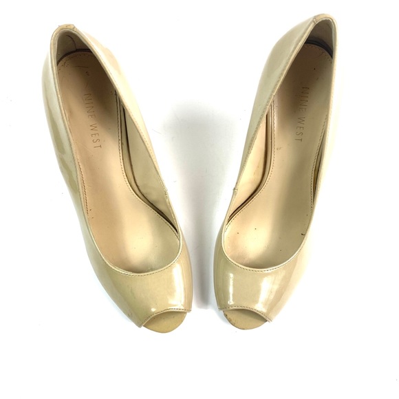 NINE WEST Nude Patent Leather Peeptoe Wedges - Picture 2 of 7